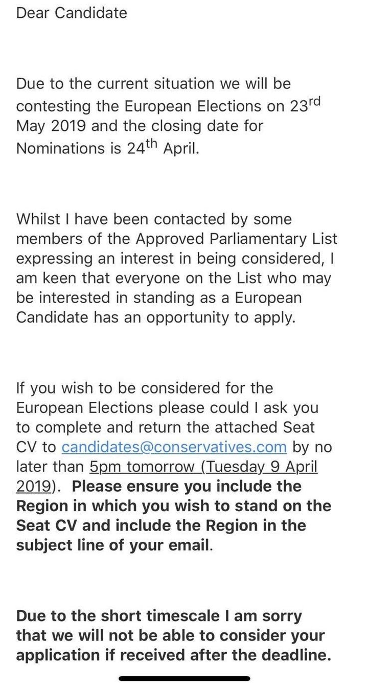 Email to Conservative candidates from party HQ