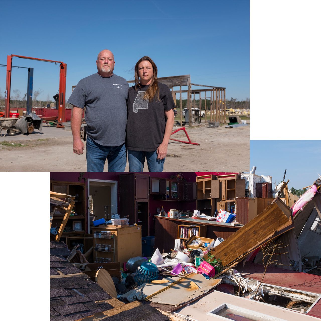 (Top) Troy Bell and his wife, Melanie, stand in front of what was their automotive mechanic shop. (Bottom) Various belongings were left behind in a home that was destroyed.