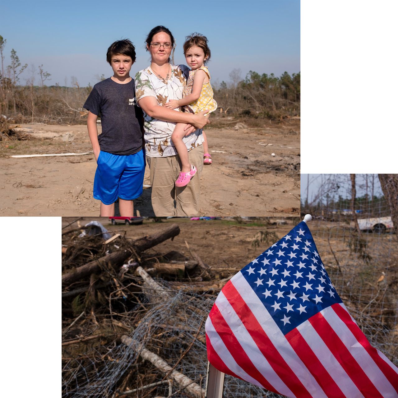 (Top) Shannon Kelley stands with her son, Alex King, 14, and her daughter, Autumn Kelley, 3, where her double-wide mobile home once was. (Bottom) An American flag flutters in the wind on the edge of Kelley’s property.