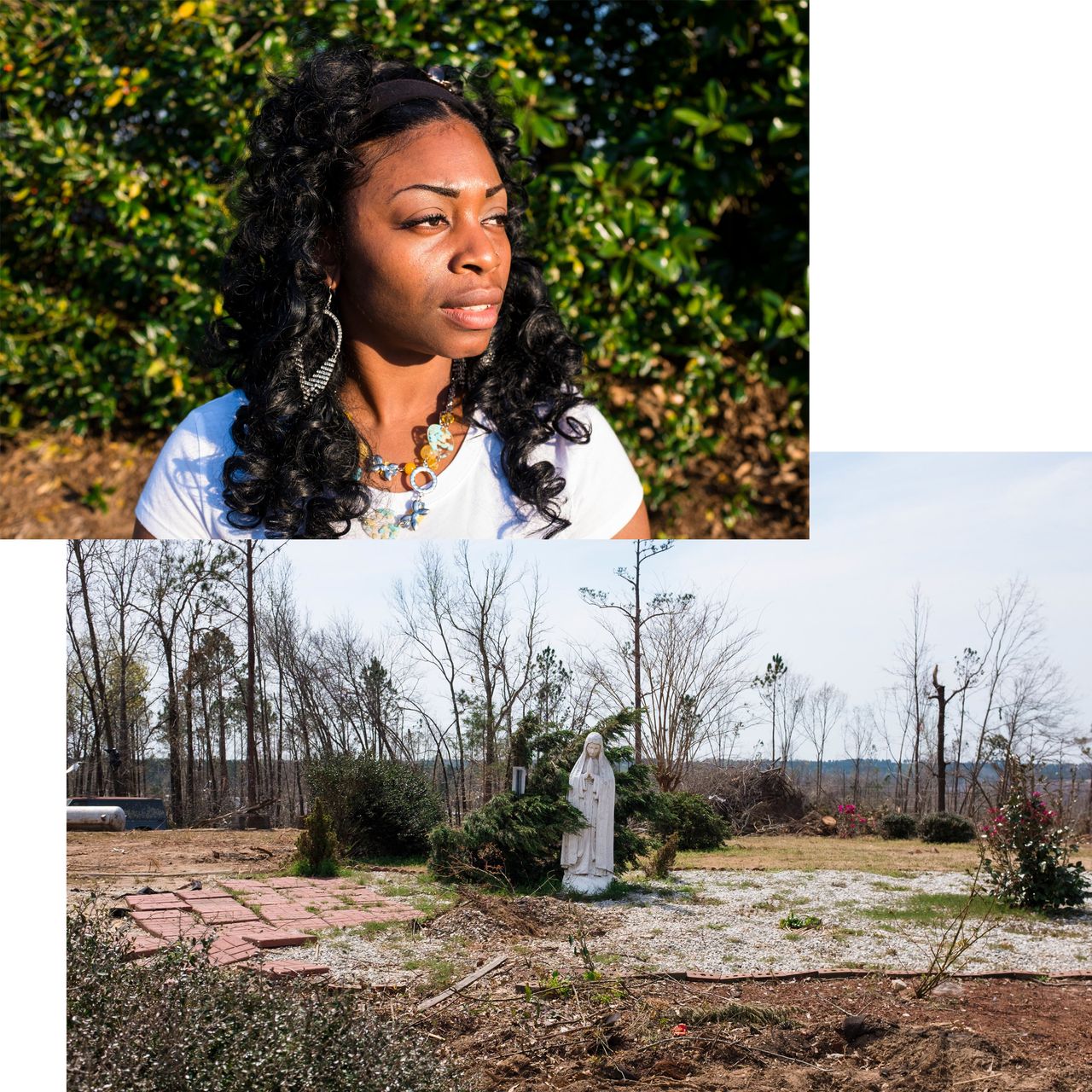 (Top) Shamel Hart lost her son, Jonathan Bowen, 9, and niece, Mykhayla Waldon, 8, in the tornado that struck the Beauregard community. (Bottom) A statue of the Virgin Mary stands in place along Lee Road 38.