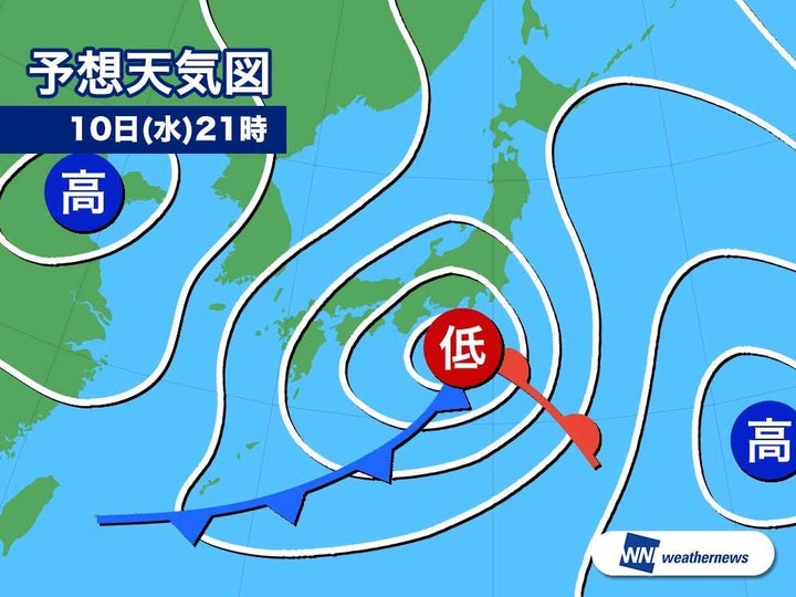 予想天気図 10日(水)21時 夜になると低気圧が接近し、寒気が弱まる予想