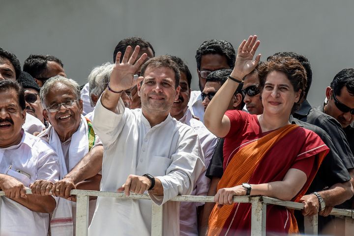Rahul and Priyanka Gandhi at the road show after Rahul filed nominations from Wayanad on 4 April 2019 in Kalpetta town of Wayanand.