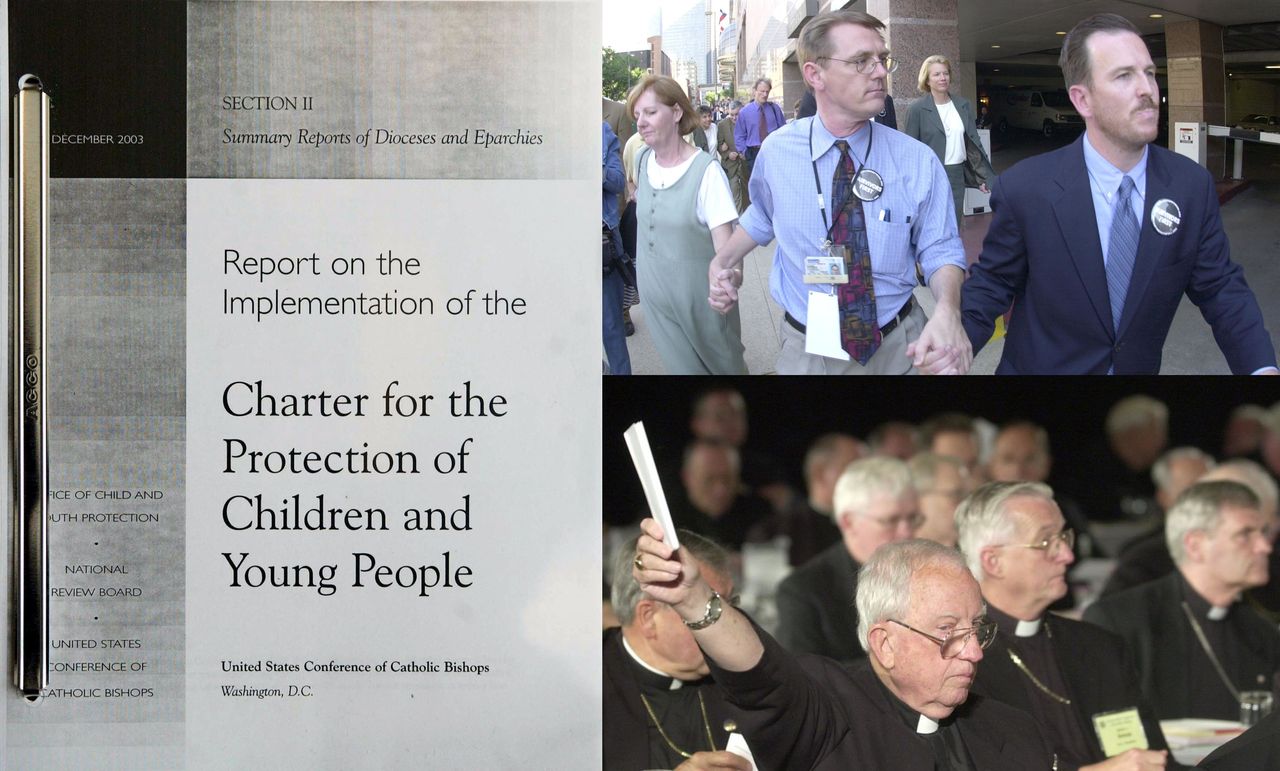Members of the Survivors Network of Those Abused by Priests (top right) and American bishops gathered in Dallas in 2002, as the bishops voted on the Dallas Charter, a document addressing clerical sexual abuse in the U.S. Catholic Church.
