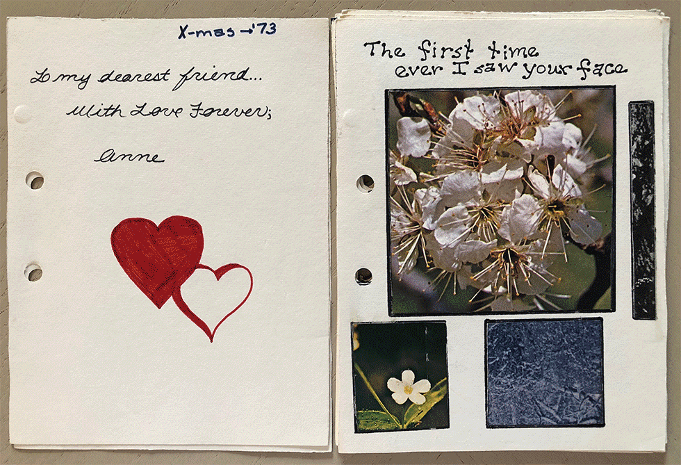This slideshow shows a book Anne Gleeson created as a Christmas gift for Judith Fisher (pictured in the last slide) in 1973. The teenager took the words from the song, "First Time Ever I Saw Your Face." Gleeson said the nun held on to the book for years, giving it back when Gleeson was in her 40s. 