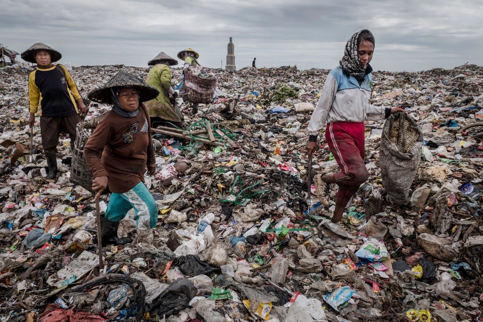 Waste pickers sift through a mountain of garbage at a landfill site near