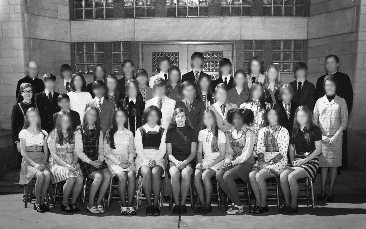 Anne Gleeson (center) is pictured in a class photo from Immacolata School in Missouri. Judith Fisher (far left, center row) was her eighth grade homeroom teacher.