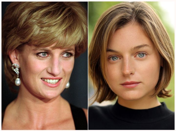 This combination photo shows Diana, Princess of Wales, at the United Cerebral Palsy's annual dinner in New York on Dec. 11, 1995, left, and actress Emma Corrin, who has been cast to portray Lady Diana Spencer in season four of the Netflix series "The Crown."
