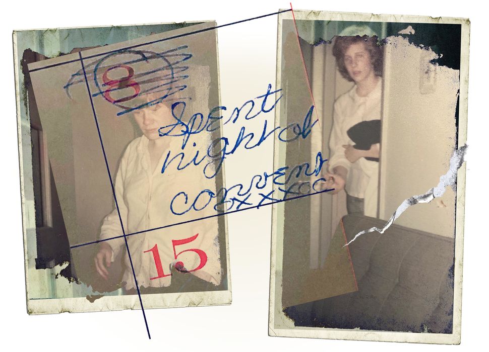 A photo illustration shows Judith Fisher (left) and Anne Gleeson preparing for bed inside Fisher's convent. Superimposed on the photo is an entry from Gleeson's calendar that reads, "Spent night at convent OXXXOO."