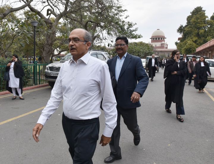 Senior lawyer Prashant Bhushan leaves after the hearing of Rafale case at Supreme Court, on March 14, 2019 in New Delhi.