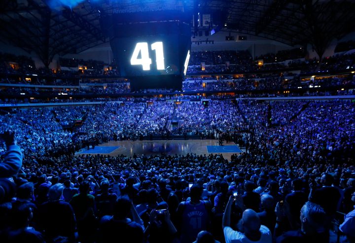 The video board lit up with Nowitzki's number following the team's game against the Phoenix Suns in Dallas on Tuesday.