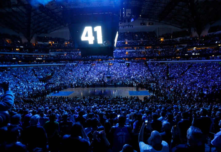The video board lit up with Nowitzki's number following the team's game against the Phoenix Suns in Dallas on Tuesday.