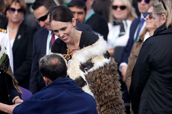 Jacinda Ardern meets with a victim's relative during the national remembrance service for victims of the mosque attacks, at Hagley Park in Christchurch, New Zealand on March 29, 2019.