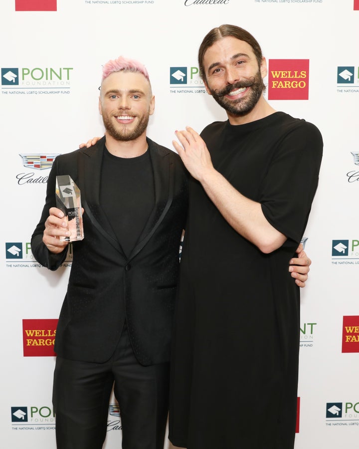 Gus Kenworthy (left) poses with "Queer Eye" star Jonathan Van Ness at the Point Foundation's 2019 gala in New York. The event was sponsored by Cadillac.