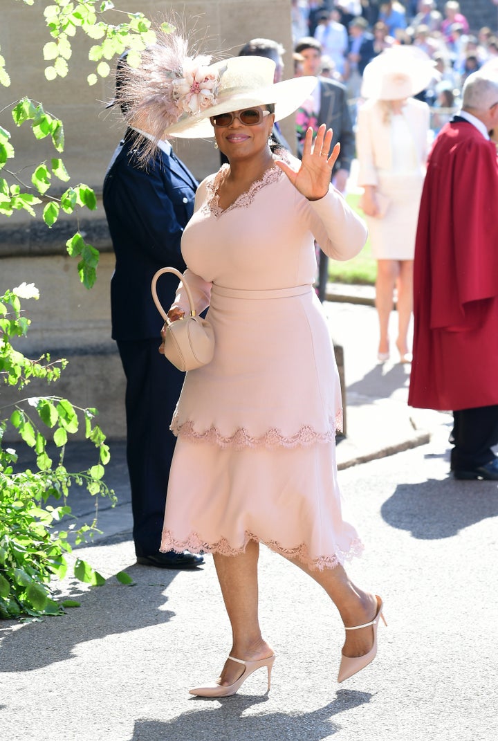 Winfrey arrives at St George's Chapel at Windsor Castle for the wedding of Meghan Markle and Prince Harry.