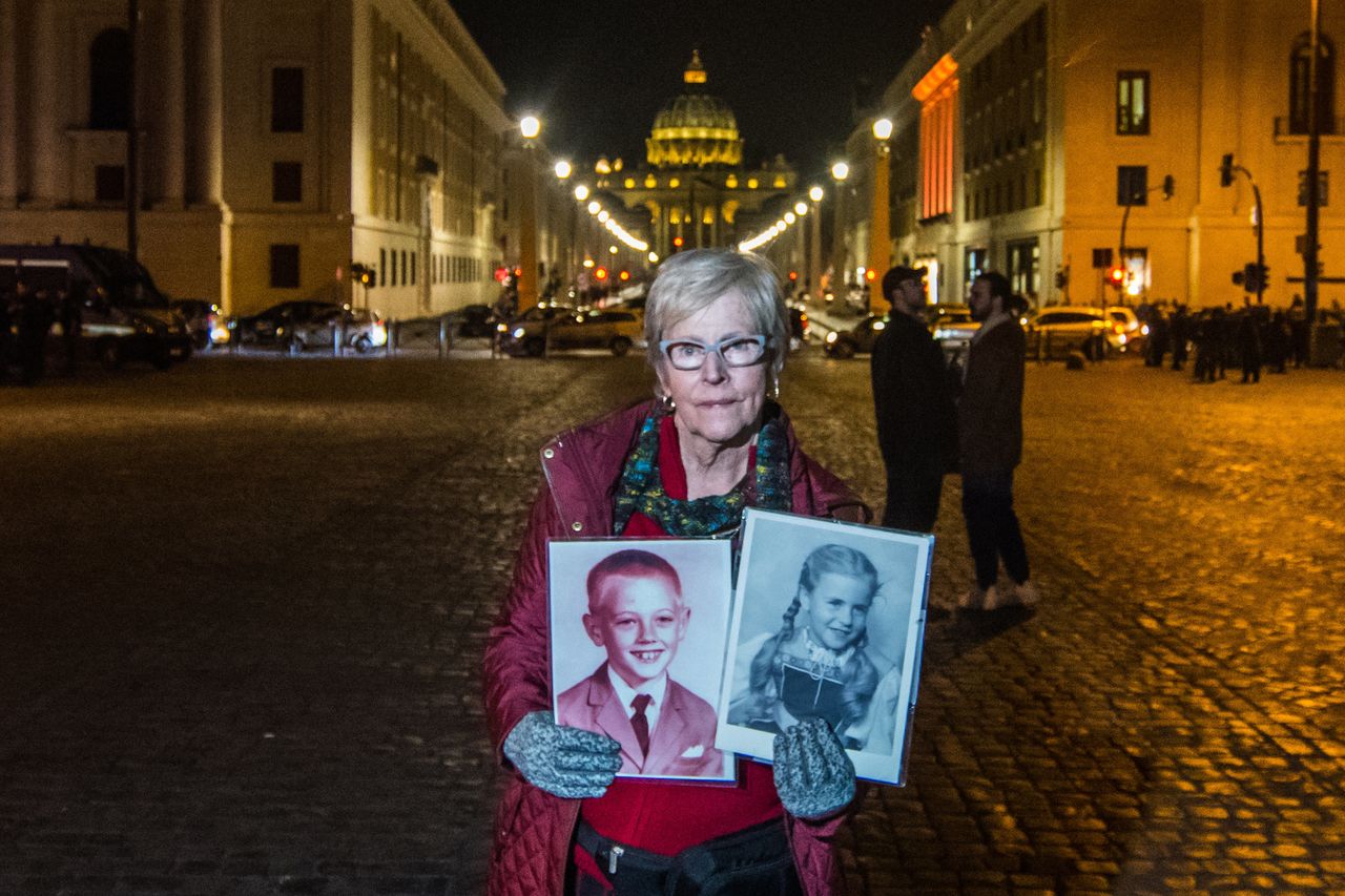 Mary Dispenza, an organizer with the Survivors Network of Those Abused by Priests, poses for a portrait at a vigil in Vatican City on Feb. 21, 2019.