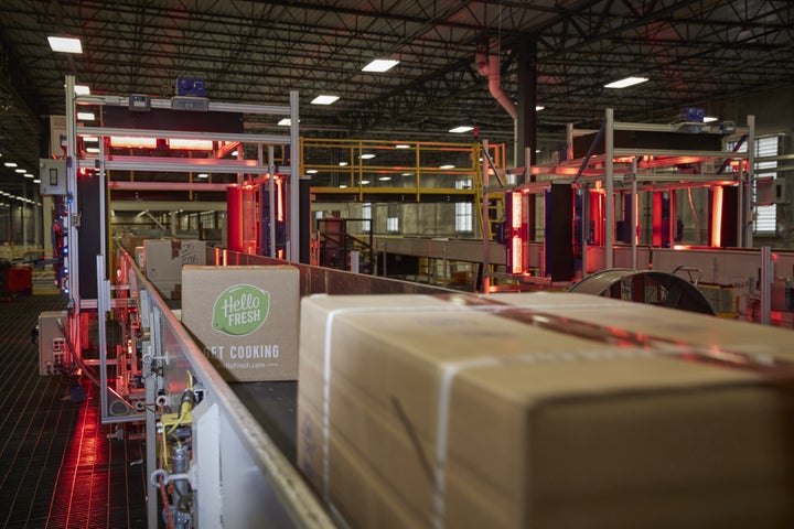 A HelloFresh package moves through an automated scanner at the FedEx Ground distribution center in Jersey City, New Jersey.