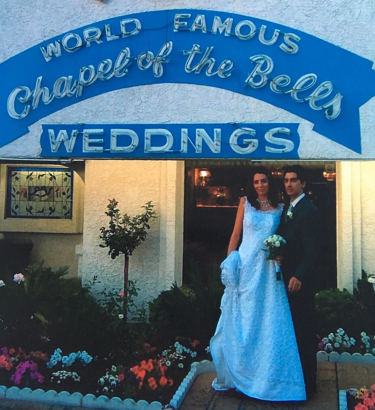 Arianna and Steve in front of the Chapel of the Bells in Las Vegas on their wedding day, Oct. 31, 2003.