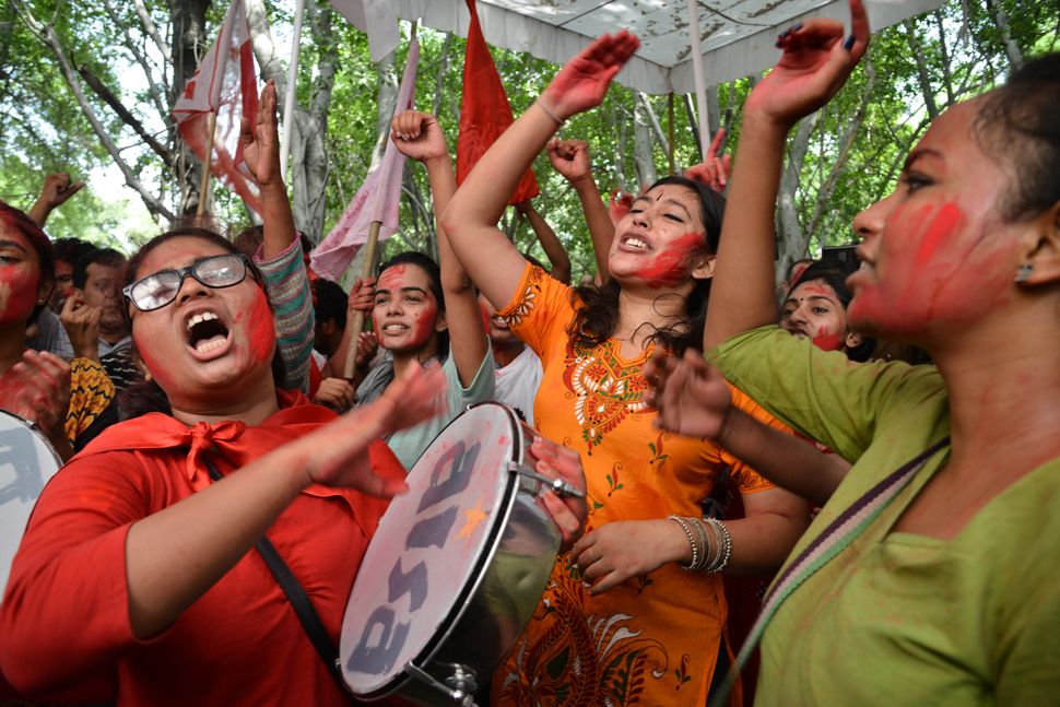 Students celebrate as United Left Alliance wins all four seats in JNU elections in 2018. 