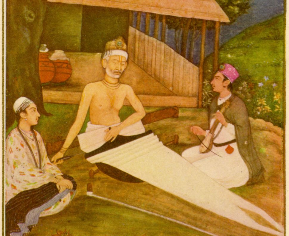 From the Mughal School, 18th century. Kabir, the Hindu religious poet, working as a weaver at his loom, with two disciples. 