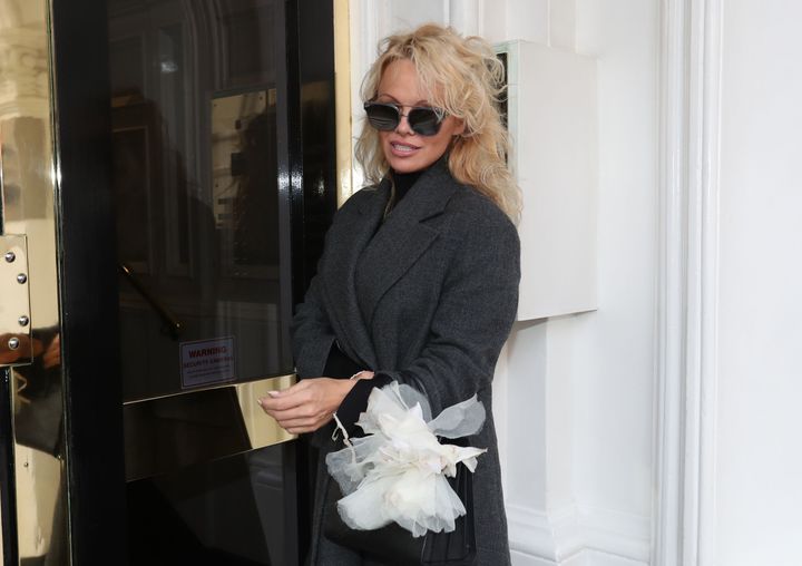 Pamela Anderson outside the Ecuadorian embassy in London