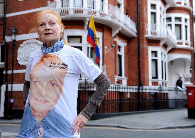 Designer Vivienne Westwood sports an 'I Am Julian Assange' T-Shirt outside the Ecuadorian