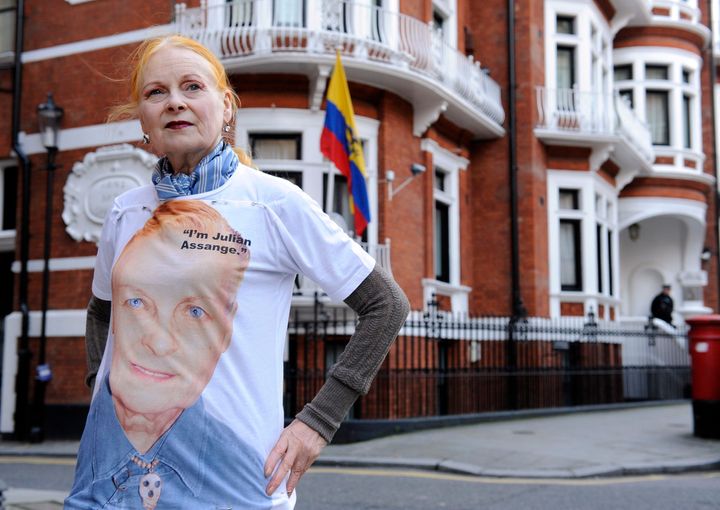 Designer Vivienne Westwood sports an 'I Am Julian Assange' T-Shirt outside the Ecuadorian embassy