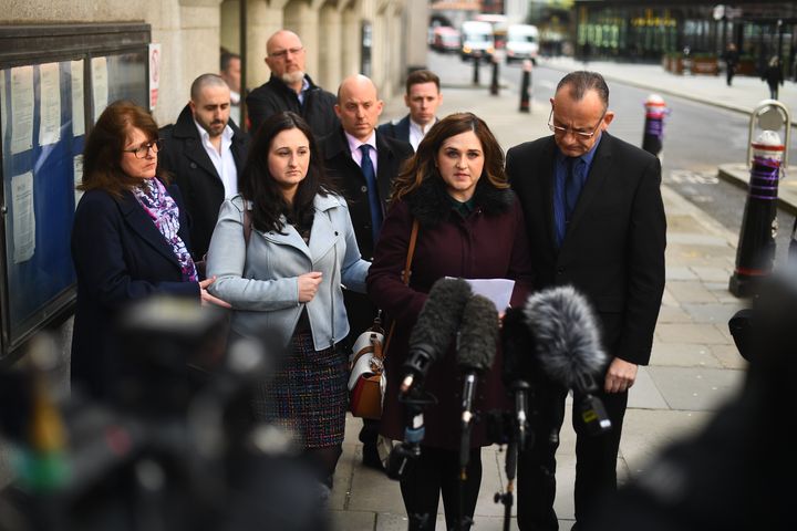 he family of Charlotte Brown, (left to right) mother Roz Wickens, sisters Vicky and Katie Brown and father Graham Brown, speaking outside the Old Bailey, London 