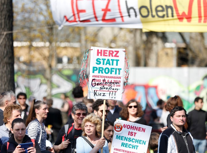 Demonstrators gather to protest against rising rents at Alexanderplatz Square in Berlin on April 6.