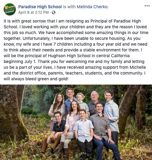 The Facebook post from Paradise high school principal Loren Lightfoot announcing his resignation -- April 8, 2019