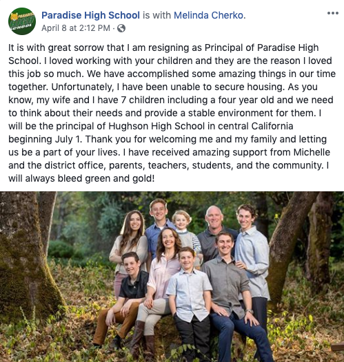 The Facebook post from Paradise high school principal Loren Lightfoot announcing his resignation -- April 8, 2019