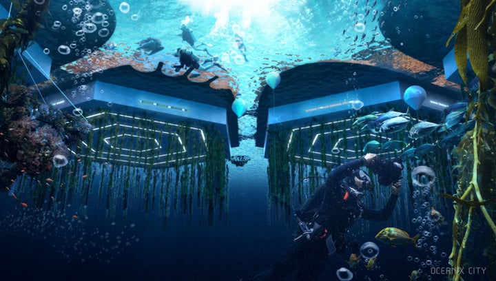 An illustration of the floating city as seen from underwater.