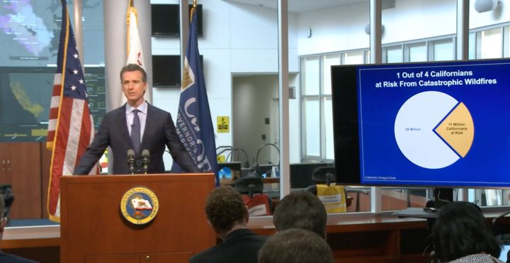 Calfornia Gov. Gavin Newsom speaking at a press conference about the threat of wildfires in the state.