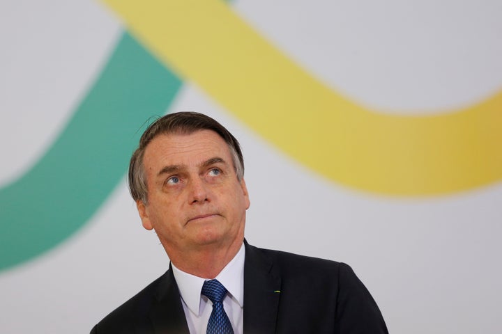 Brazil's President Jair Bolsonaro at a ceremony Thursday marking his first 100 days in office at the Planalto Palace in Brasi
