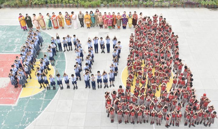 School children of Shri Ram Ashram Public School standing together to form martyrs memorial to pay tribute to the martyrs of Jallianwala Bagh massacre on the eve of 100th anniversary of Jallianwala Bagh massacre on April 12, 2019 in Amritsar.