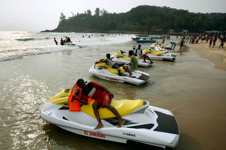 File photo of water scooters parked on the Baga beach in Goa. 