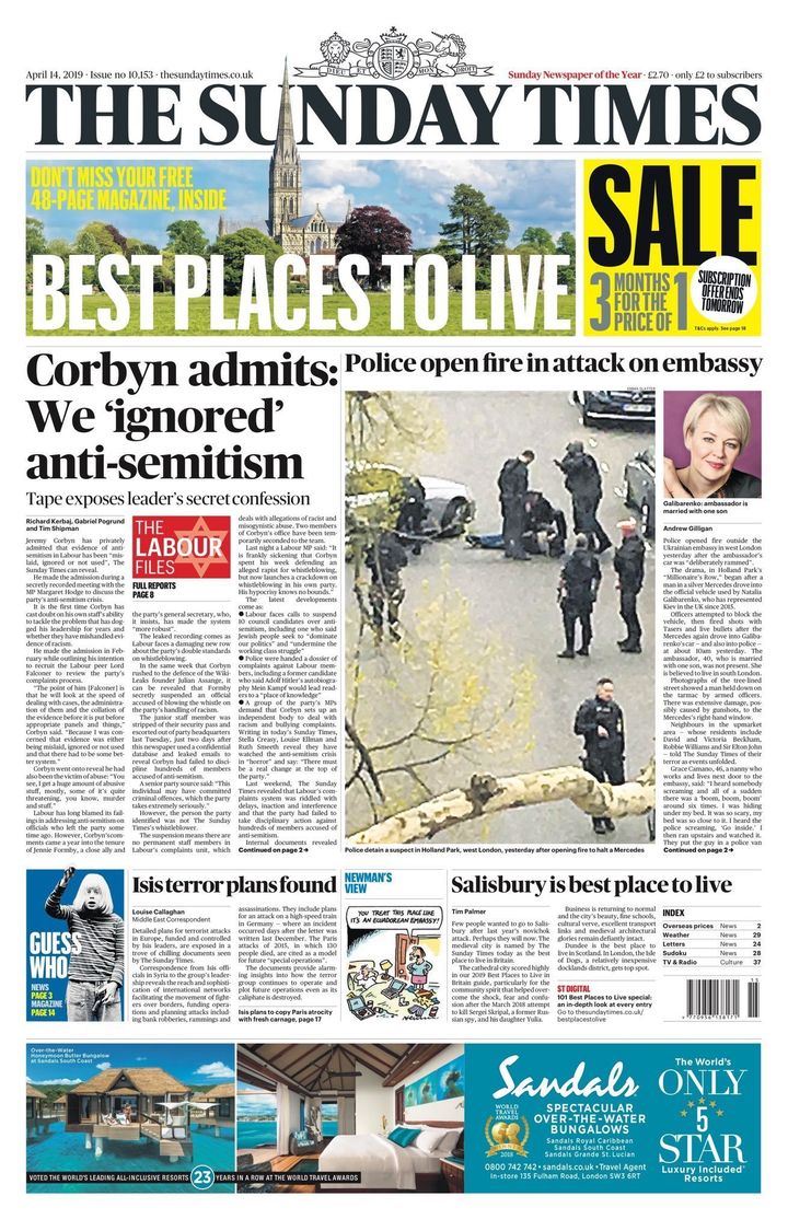 The Sunday Times reported fresh audio of Jeremy Corbyn sharing concerns over Labour's anti-Semitism investigations.