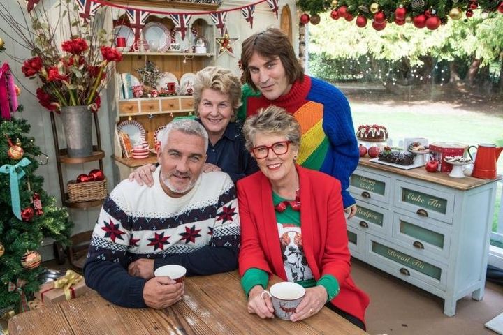 Prue with her Bake Off colleagues, none of whom she has managed to stab