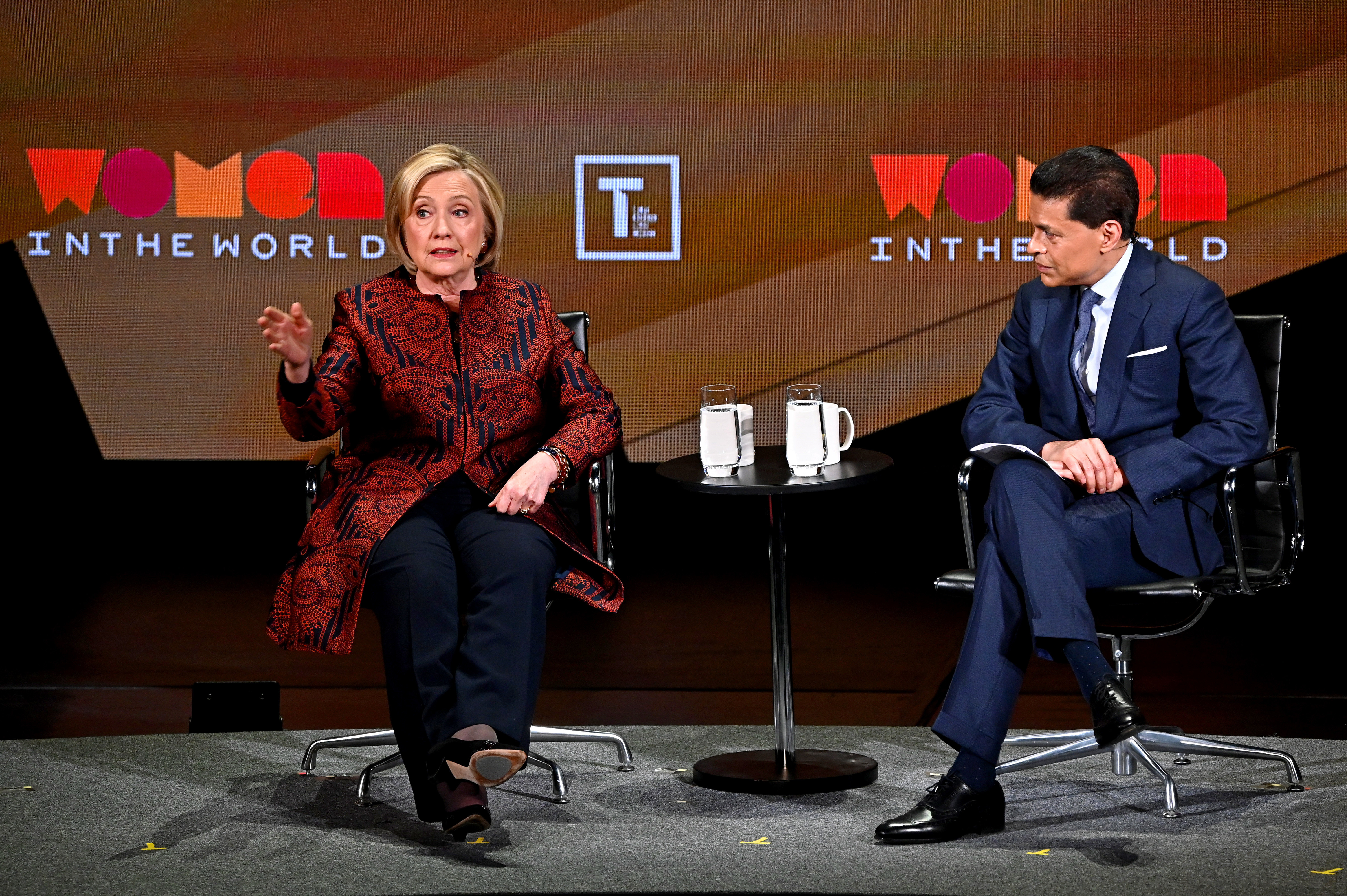 NEW YORK, NEW YORK - APRIL 12: Hillary Clinton and Fareed Zakaria speak on the occasion of the 10th anniversary of the World Women's Summit in the David H. Koch Theater at Lincoln Center on April 12, 2019 in New York. (Photo by Mike Coppola / Getty Images)