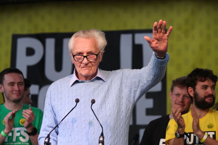 Michael Heseltine addresses anti-Brexit campaigners in Parliament Square as they take part in the People's Vote March in London.