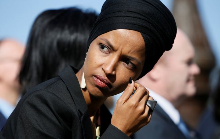Rep. Ilhan Omar (D-Minn.) participates in an April 10 news conference by members of the U.S. Congress "to announce legislation to repeal President Trump’s existing executive order blocking travel from majority Muslim countries."