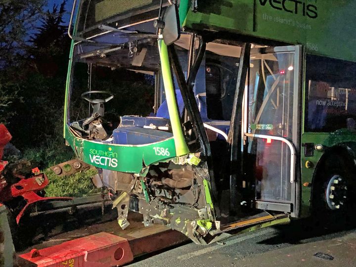 The scene on the Isle of Wight where one person died in a crash involving a double decker bus and two cars.