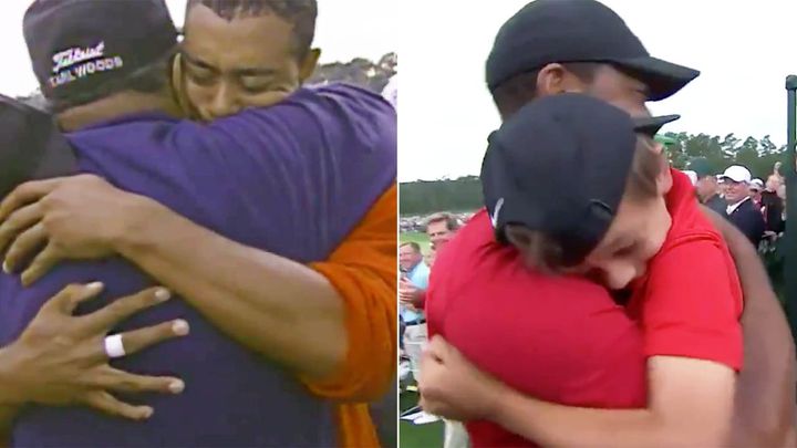 1997年、マスターズ初制覇で父親と抱き合うタイガーウッズ（左）／2019年、5度目の制覇で息子と抱き合うタイガーウッズ（右）