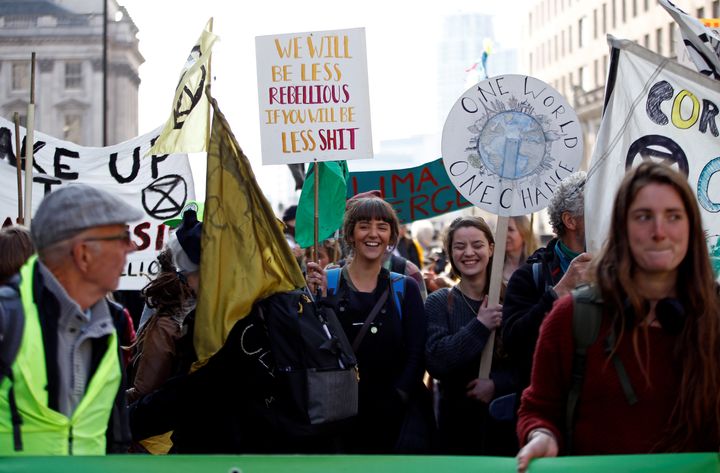 Climate change activists demonstrate during an Extinction Rebellion protest in London.