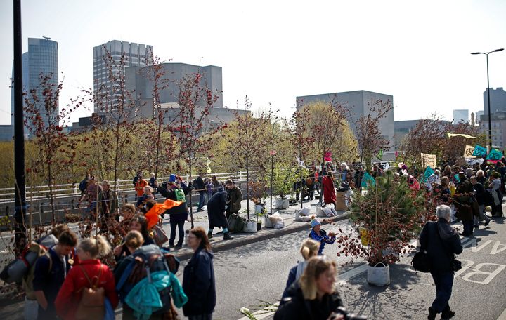 Climate change activists set up a garden on Waterloo Bridge.