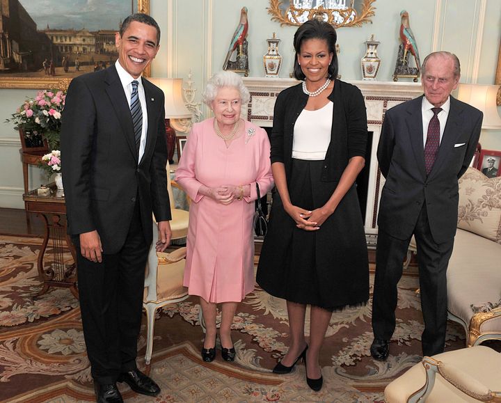 President Barack Obama and the first lady pose with Queen Elizabeth and Prince Philip during an audience at Buckingham Palace on April 1, 2009