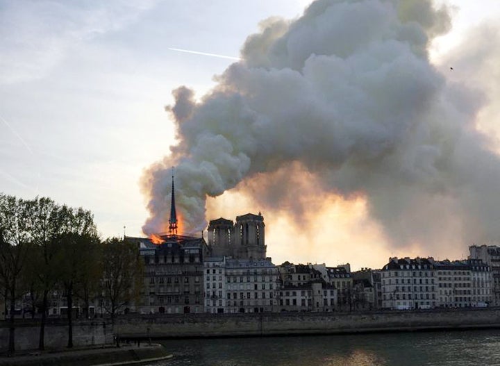 Smoke billows from the Notre Dame Cathedral after a fire broke out, in Paris, France, on Monday.