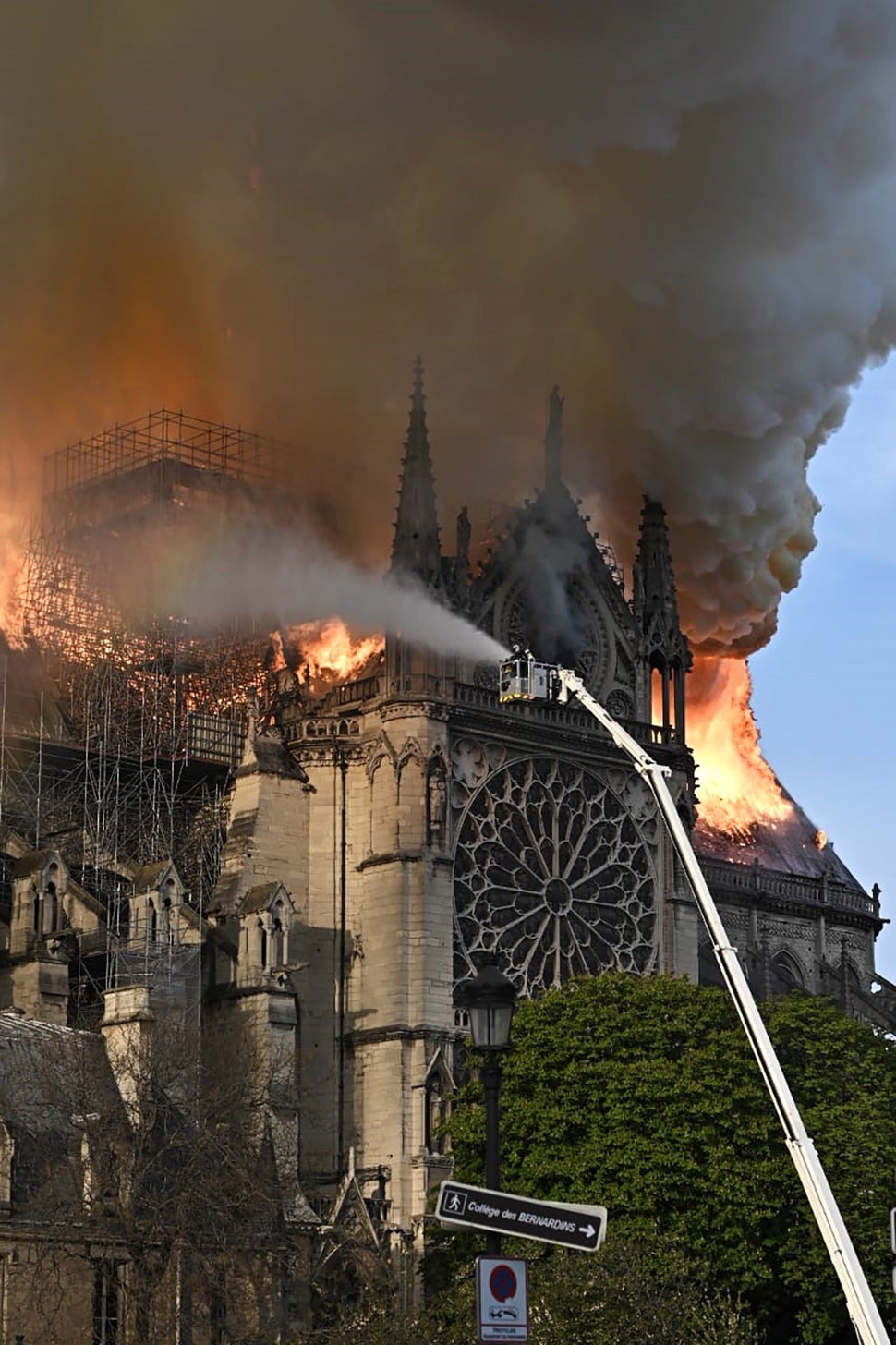 Emergency services attack a fire at Notre Dame de Paris.