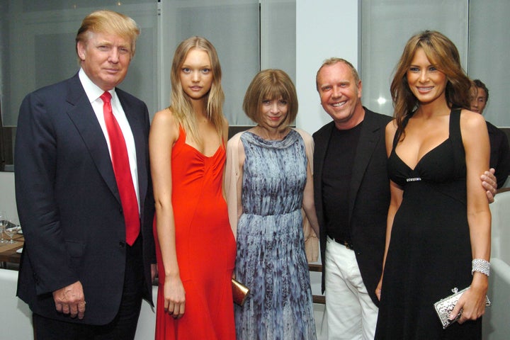 Donald Trump, Gemma Ward, Anna Wintour, Michael Kors and Melania Trump attend a party for Michael Kors on June 9, 2005, in New York City.