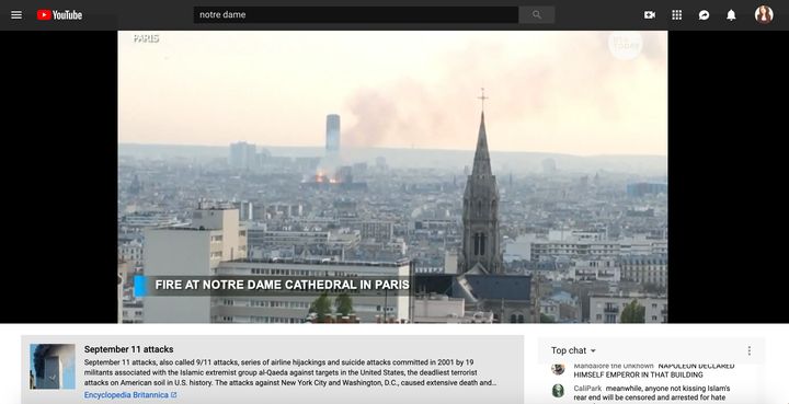 A view of the Sept. 11 description panel beneath footage of the Notre Dame fire on YouTube.