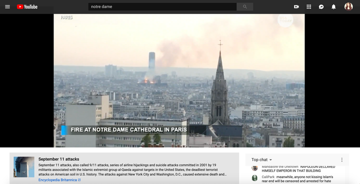 A view of the Sept. 11 description panel beneath footage of the Notre Dame fire on YouTube.